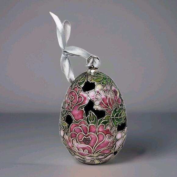 Cloisonne Enameled Egg Christmas Ornament Hanging Cut Out Floral Design Stunning - Picture 1 of 9